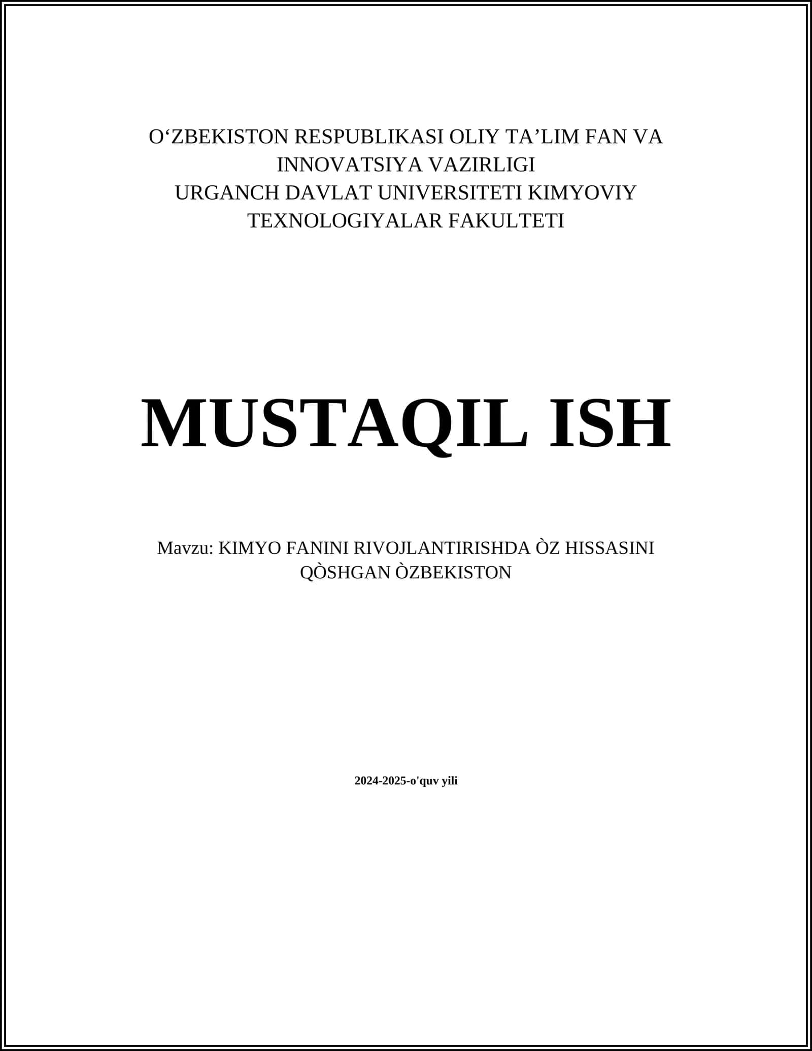 KIMYO FANINI RIVOJLANTIRISHDA ÒZ HISSASINI QÒSHGAN ÒZBEKISTON