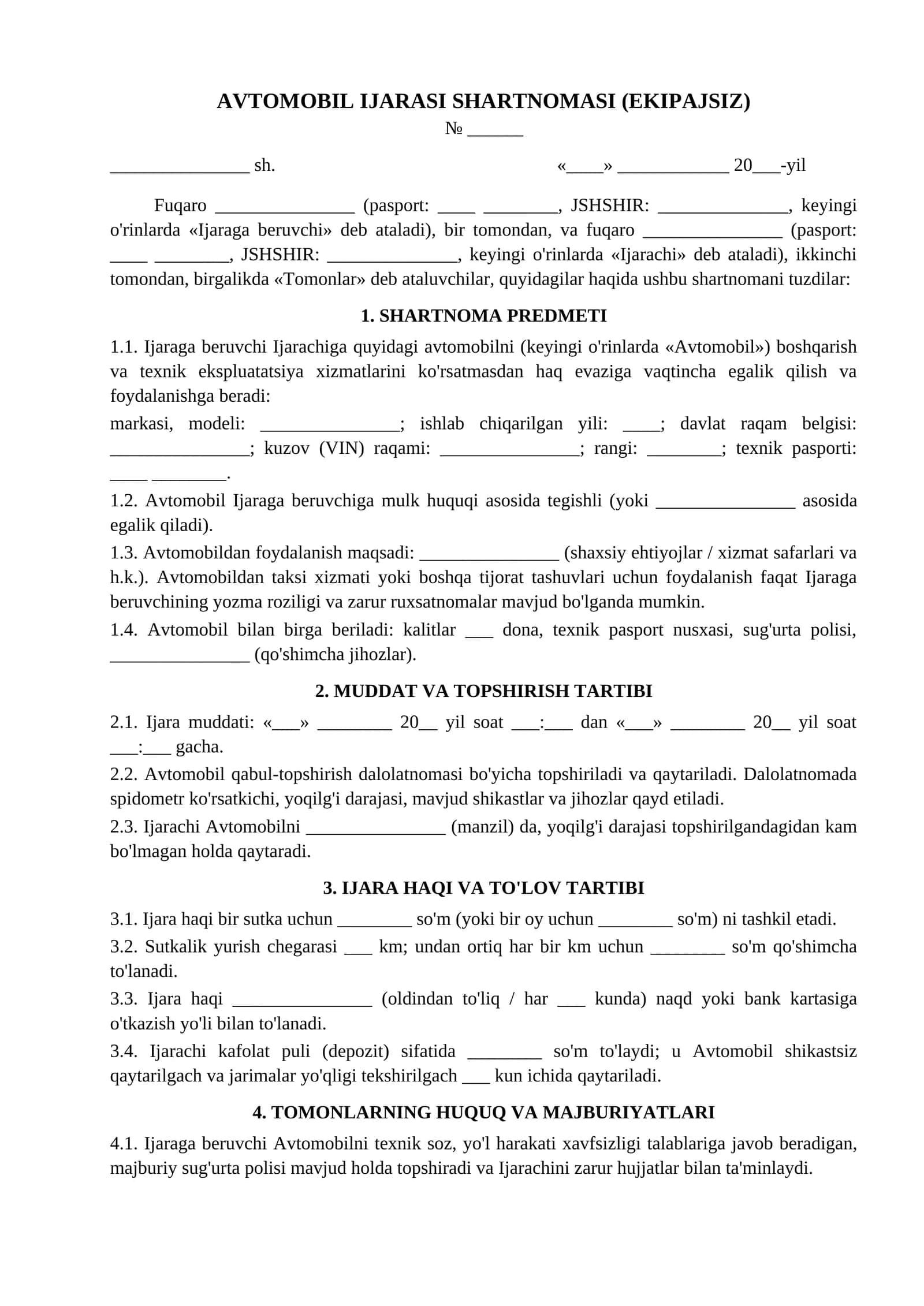 Avtomobil ijarasi shartnomasi haydovchisiz ekipajsiz namunasi
