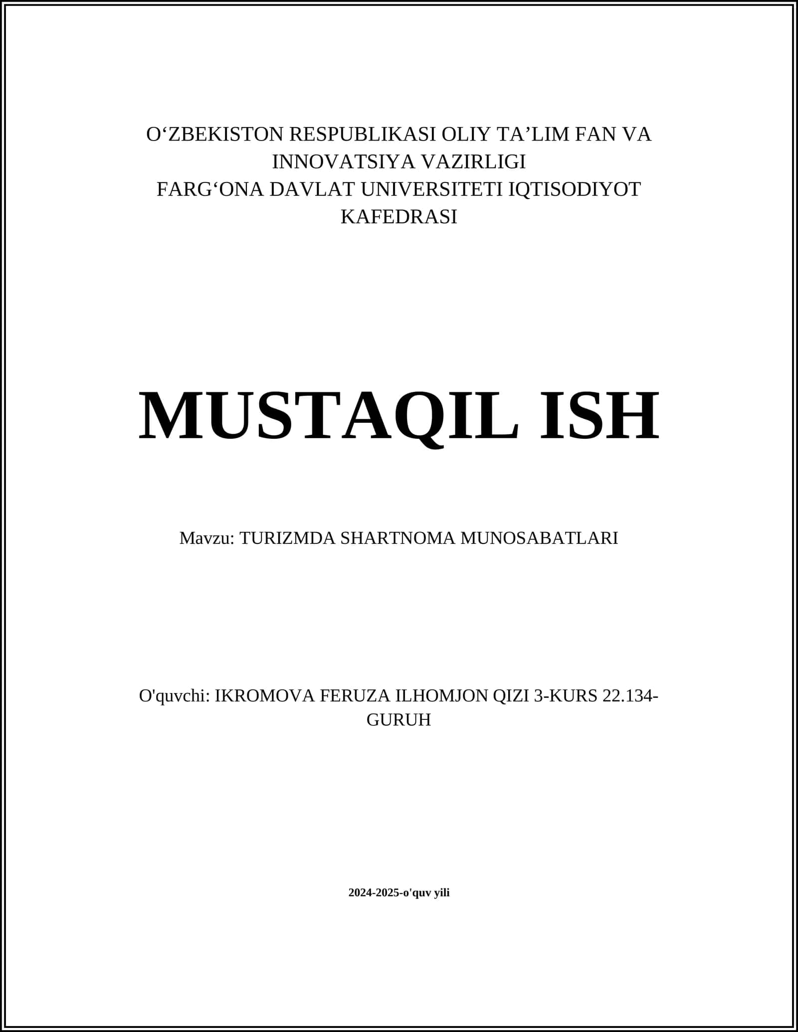 TURIZMDA SHARTNOMA MUNOSABATLARI