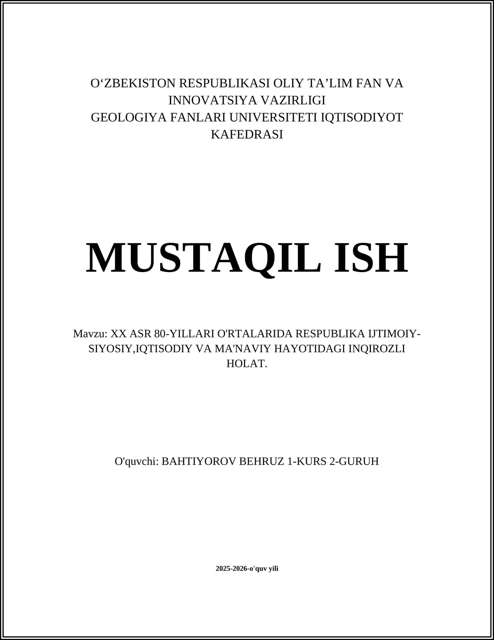 XX ASR 80-YILLARI O'RTALARIDA RESPUBLIKA IJTIMOIY-SIYOSIY,IQTISODIY VA MA'NAVIY HAYOTIDAGI INQIROZLI HOLAT