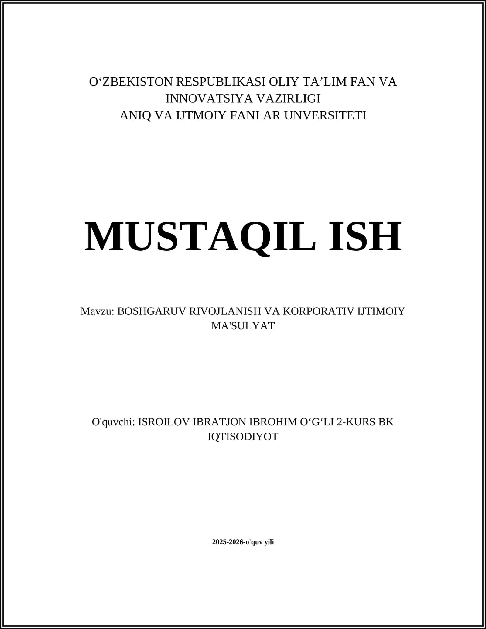 BOSHGARUV RIVOJLANISH VA KORPORATIV IJTIMOIY MA'SULYAT