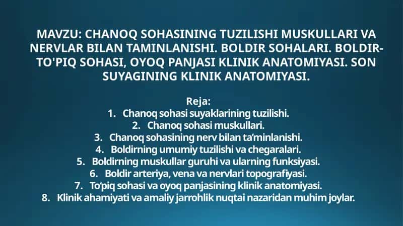 Chanoq SohasiningCHANOQ SOHASINING TUZILISHI MUSKULLARI VA NERVLAR BILAN TAMINLANISHI. BOLDIR SOHALARI. BOLDIR-TO'PIQ SOHASI, OYOQ PANJASI KLINIK ANATOMIYASI. SON SUYAGINING KLINIK ANATOMIYASI Tuzilishi