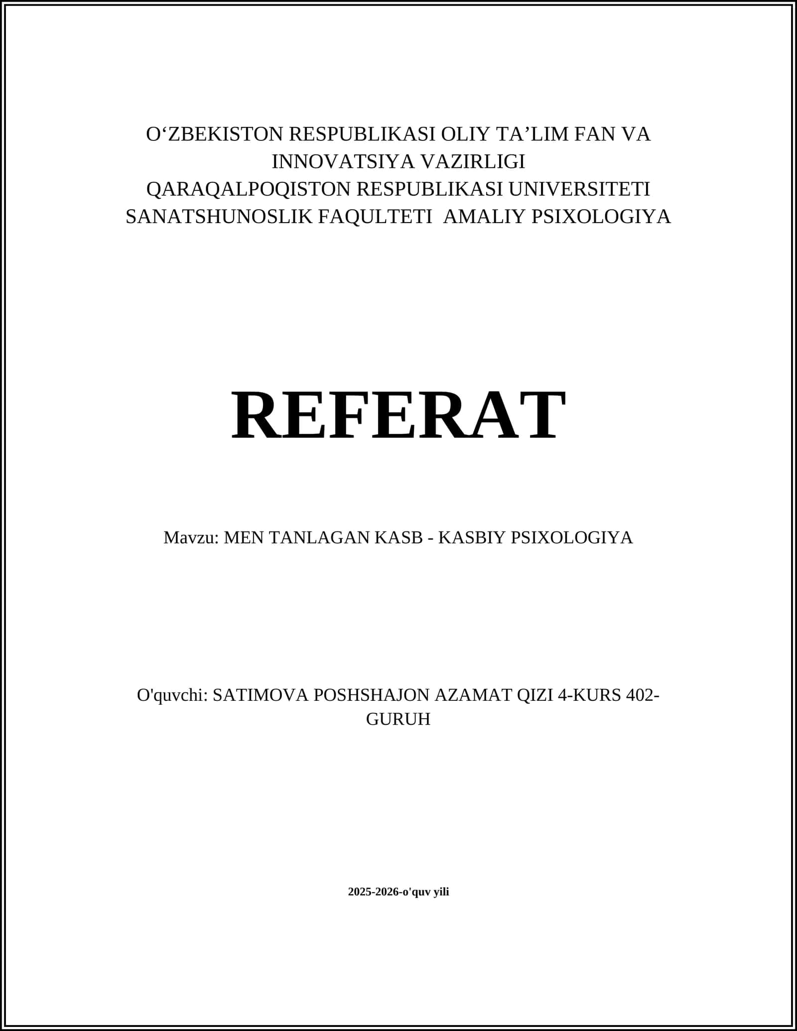 MEN TANLAGAN KASB - KASBIY PSIXOLOGIYA