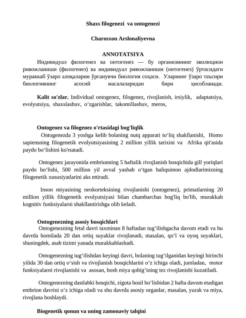 Ontogenez va filogenez o'rtasidagi bog'liqlik