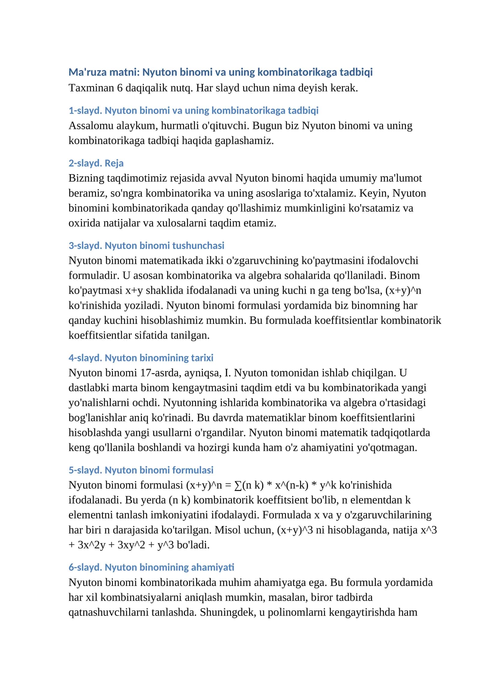 Nyuton binomi va uning kombinatorikaga tadbiqi