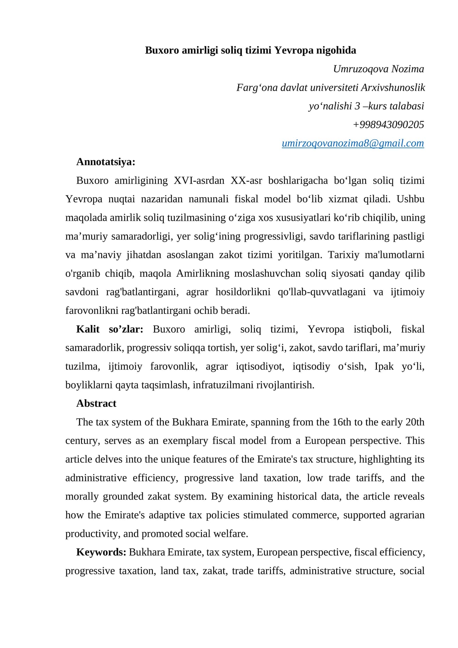 Buxoro amirligi soliq tizimi Yevropa nigohida