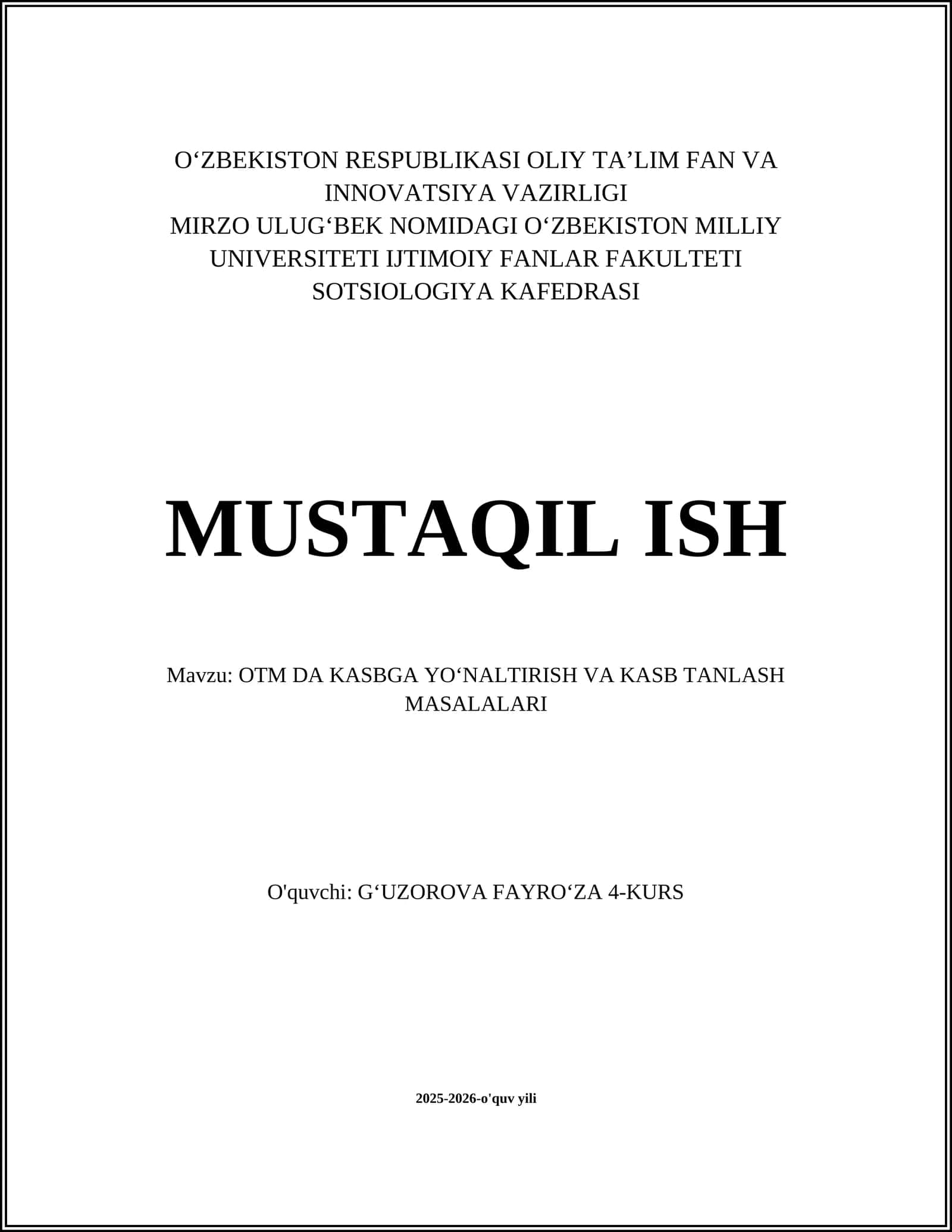 OTM DA KASBGA YO‘NALTIRISH VA KASB TANLASH MASALALARI