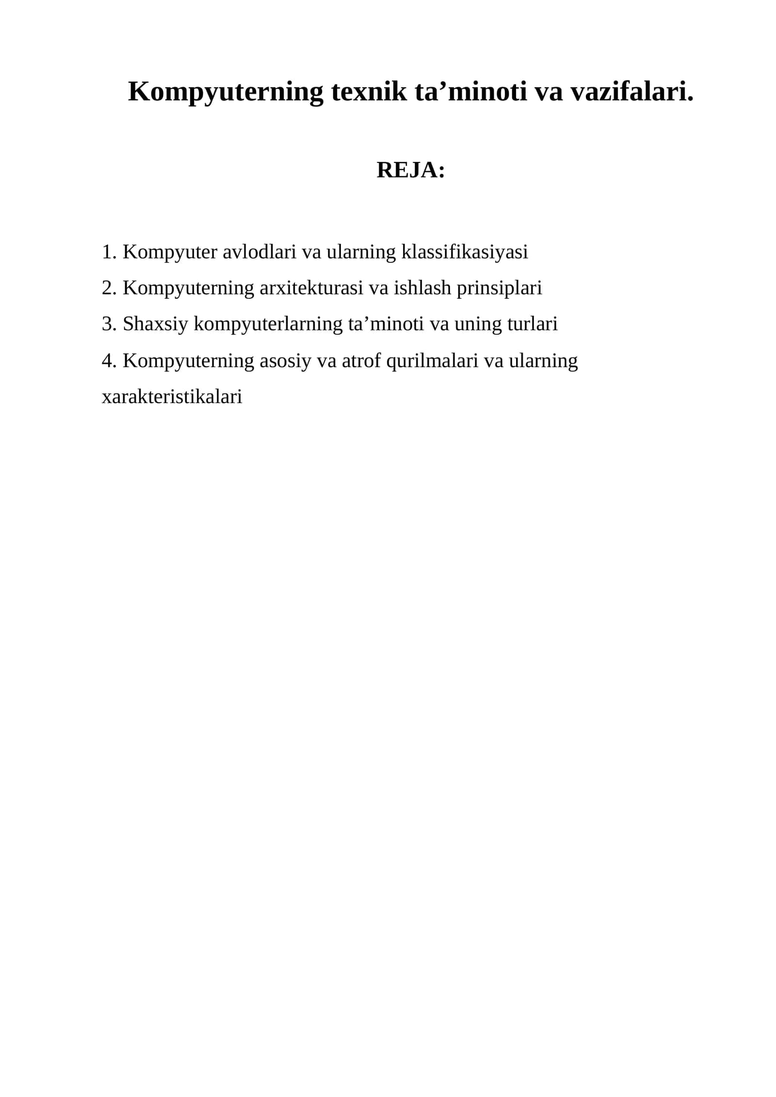 Kompyuterning texnik ta’minoti va vazifalari