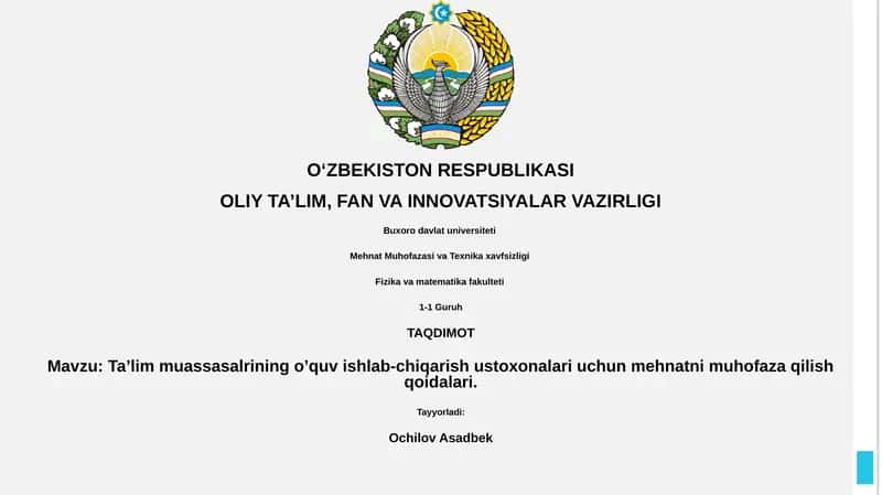 Ta'lim muassasalrining o’quv ishlab-chiqarish ustoxonalari uchun mehnatni muhofaza qilish qoidalari