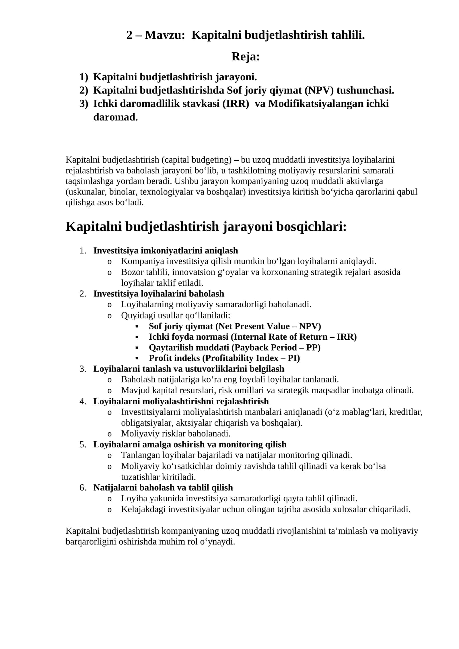 Kapitalni budjetlashtirish tahlili