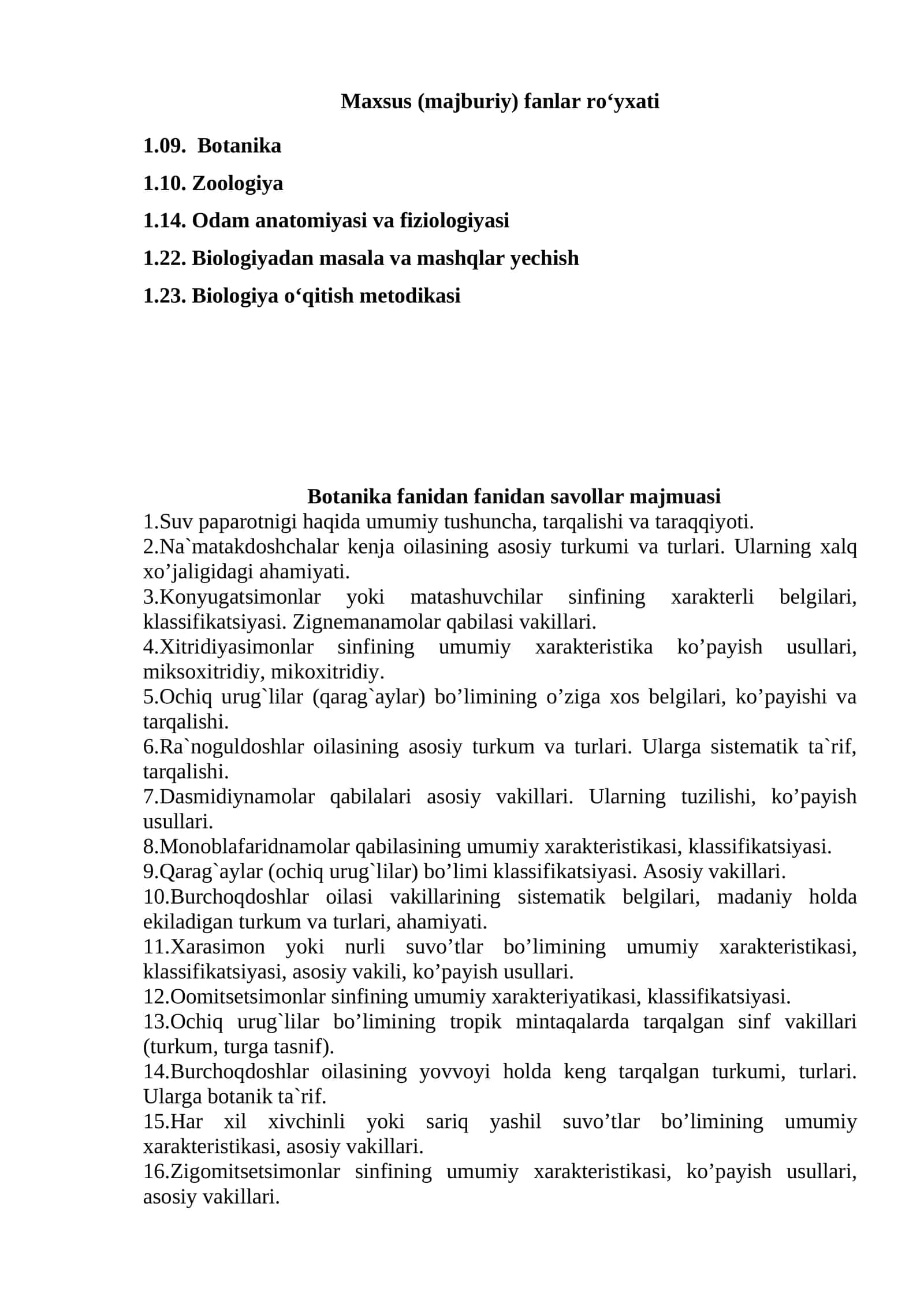 Botanika fanidan savollar majmuasi
