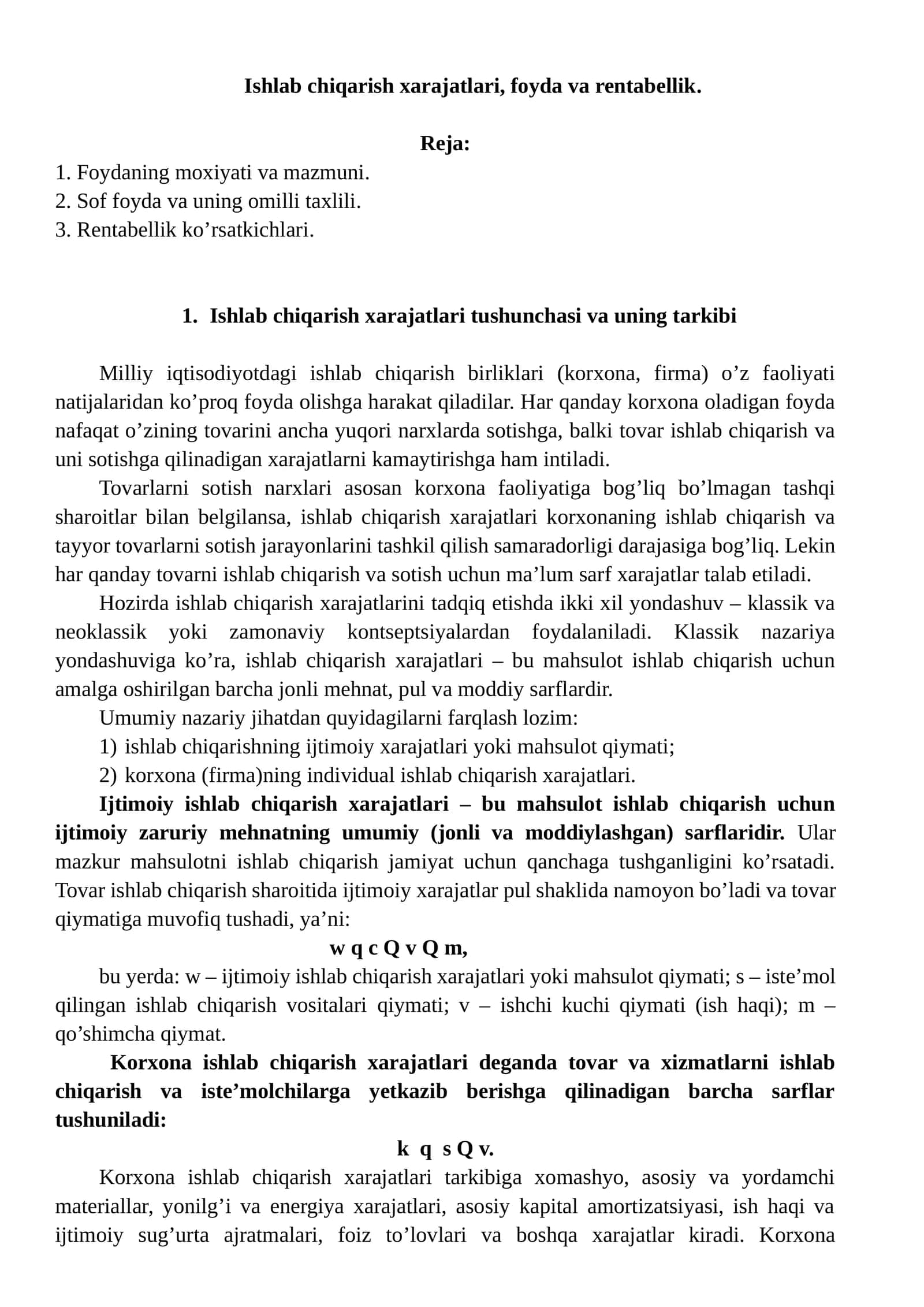 Ishlab chiqarish xarajatlari, foyda va rentabellik