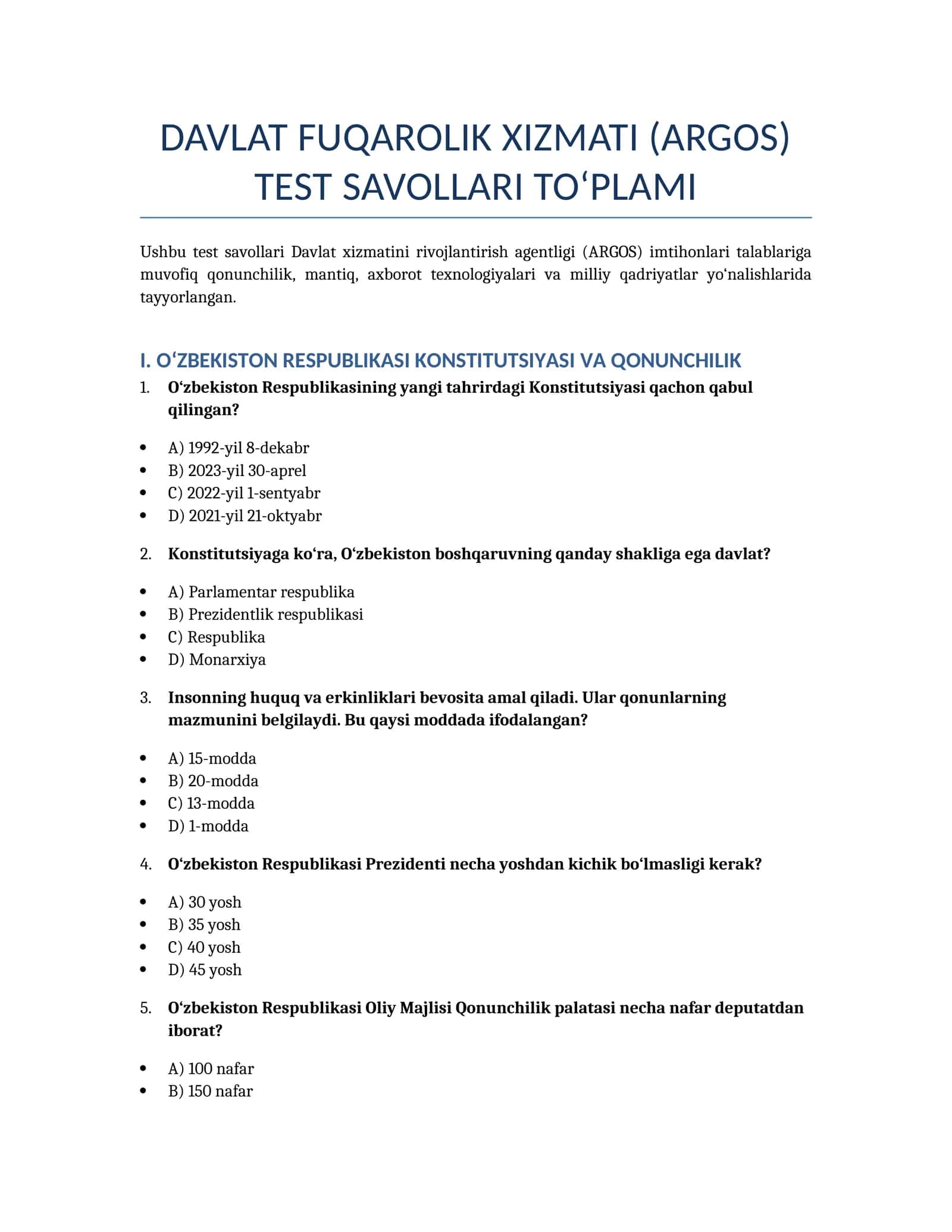 ARGOS TEST SAVOLLARI TO‘PLAMI javoblari bilan
