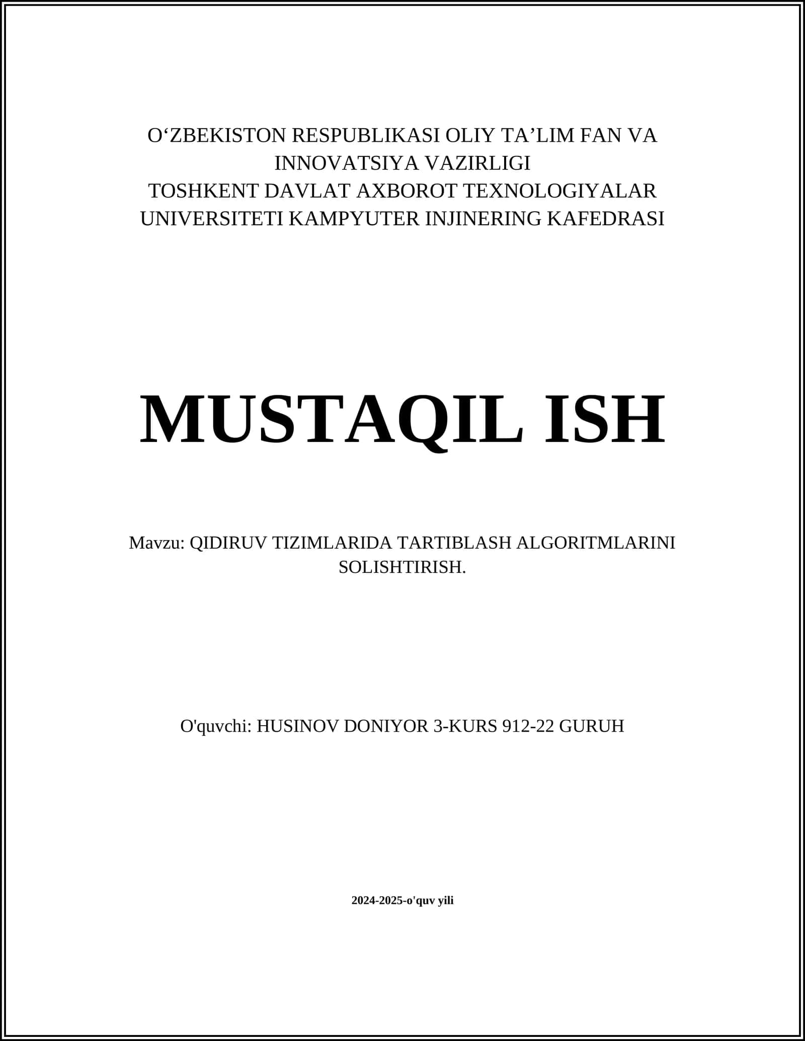 QIDIRUV TIZIMLARIDA TARTIBLASH ALGORITMLARINI SOLISHTIRISH