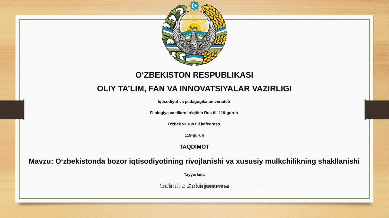 Oʻzbekistondagi bozor iqtisodiyotining rivojlanishi va xususiy mulkchilikning shakllanishi