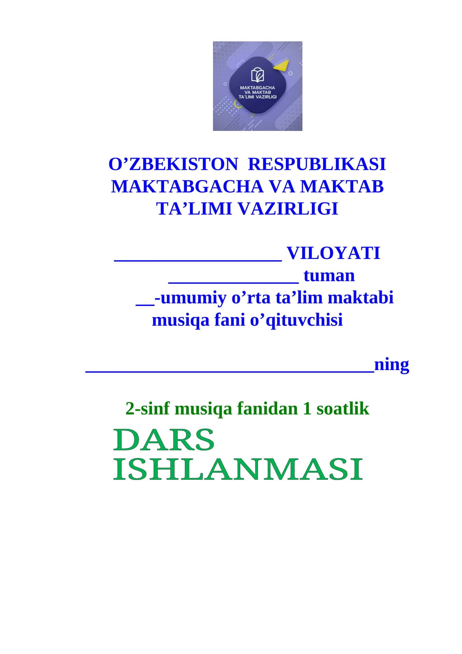 2-sinf musiqa fanidan 1 soatlik Dars