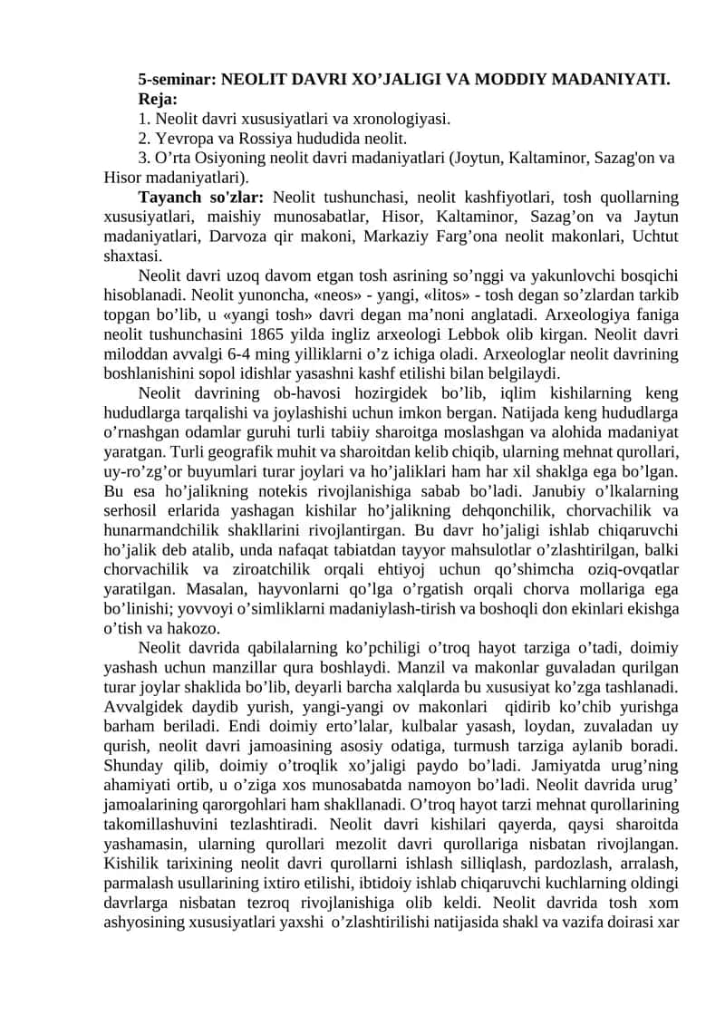 NEOLIT DAVRI XO’JALIGI VA MODDIY MADANIYATI