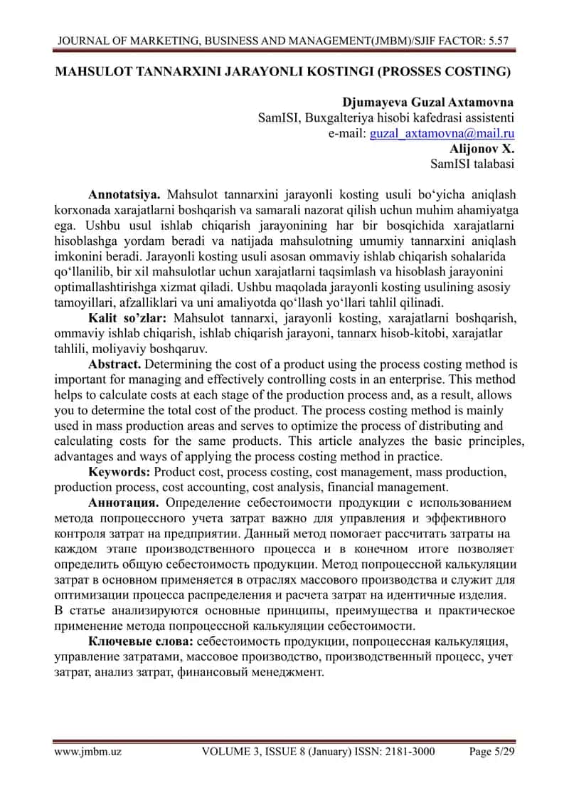 MAHSULOT TANNARXINI JARAYONLI KOSTINGI (PROSSES COSTING)