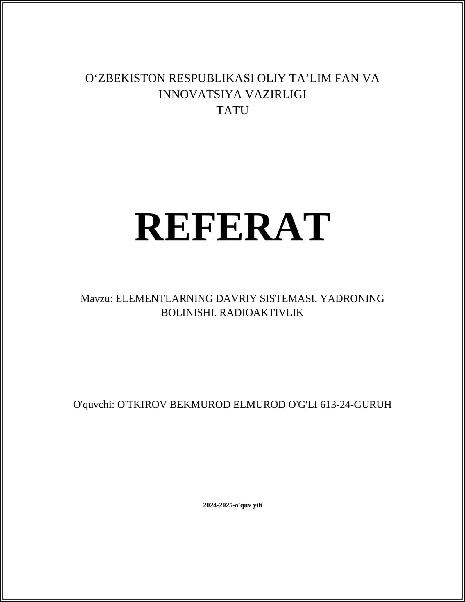 ELEMENTLARNING DAVRIY SISTEMASI
