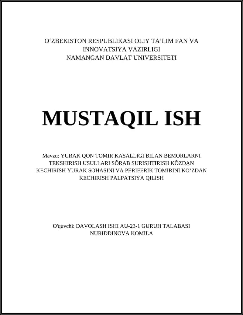 YURAK QON TOMIR KASALLIGI BILAN BEMORLARNI TEKSHIRISH USULLARI