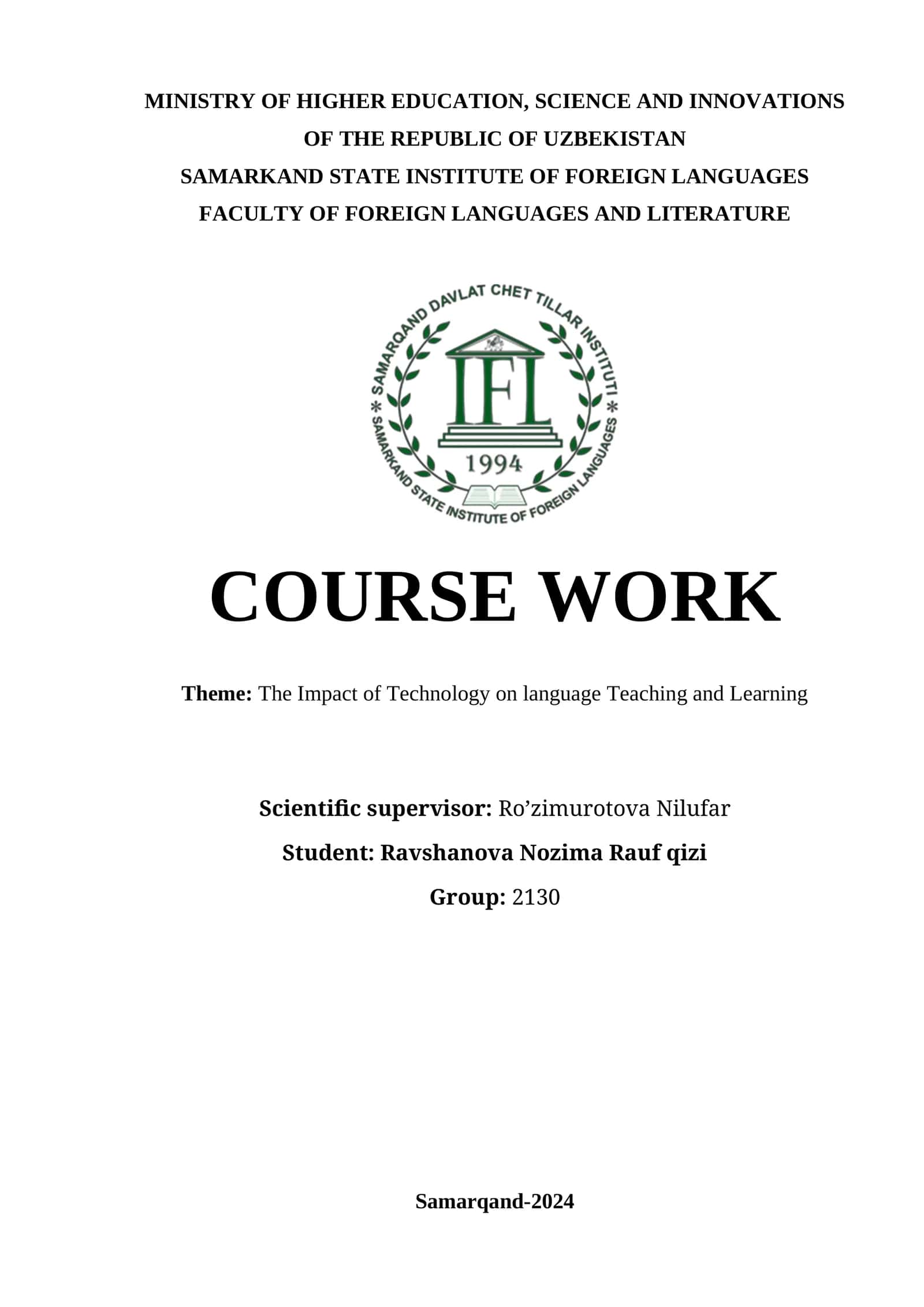 Course Work on The Impact of Technology on Language Teaching and Learning