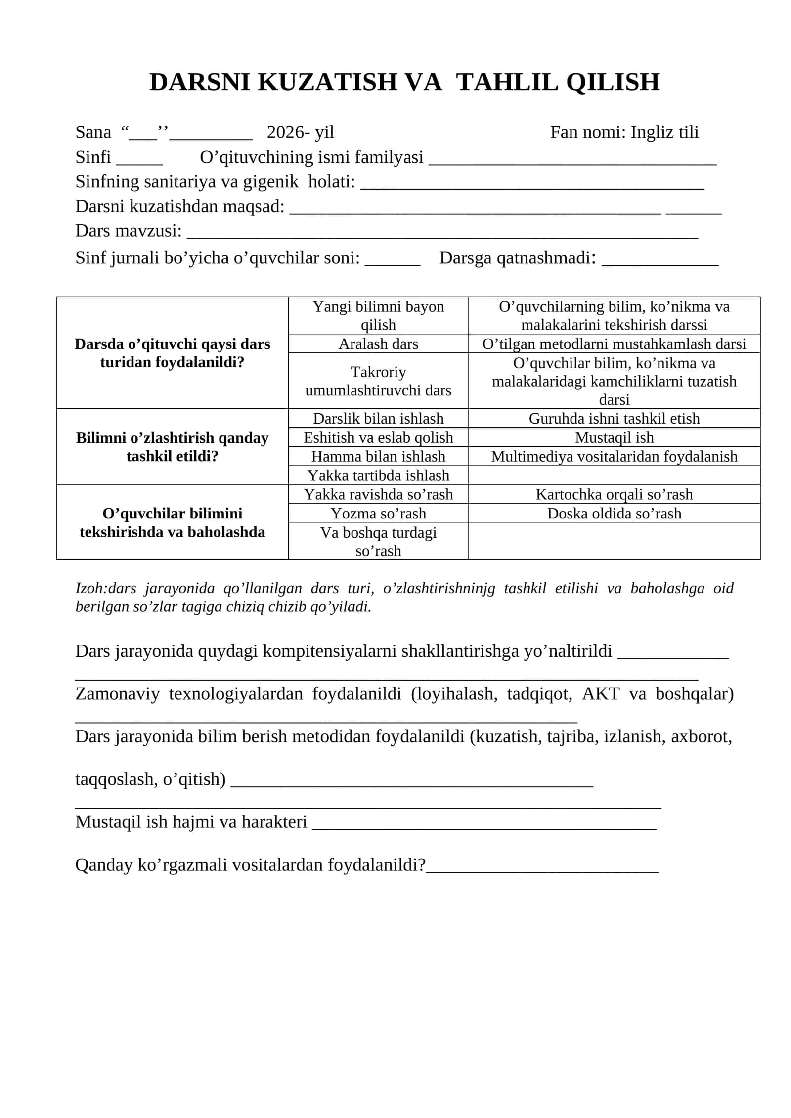 DARSNI KUZATISH VA TAHLIL QILISH