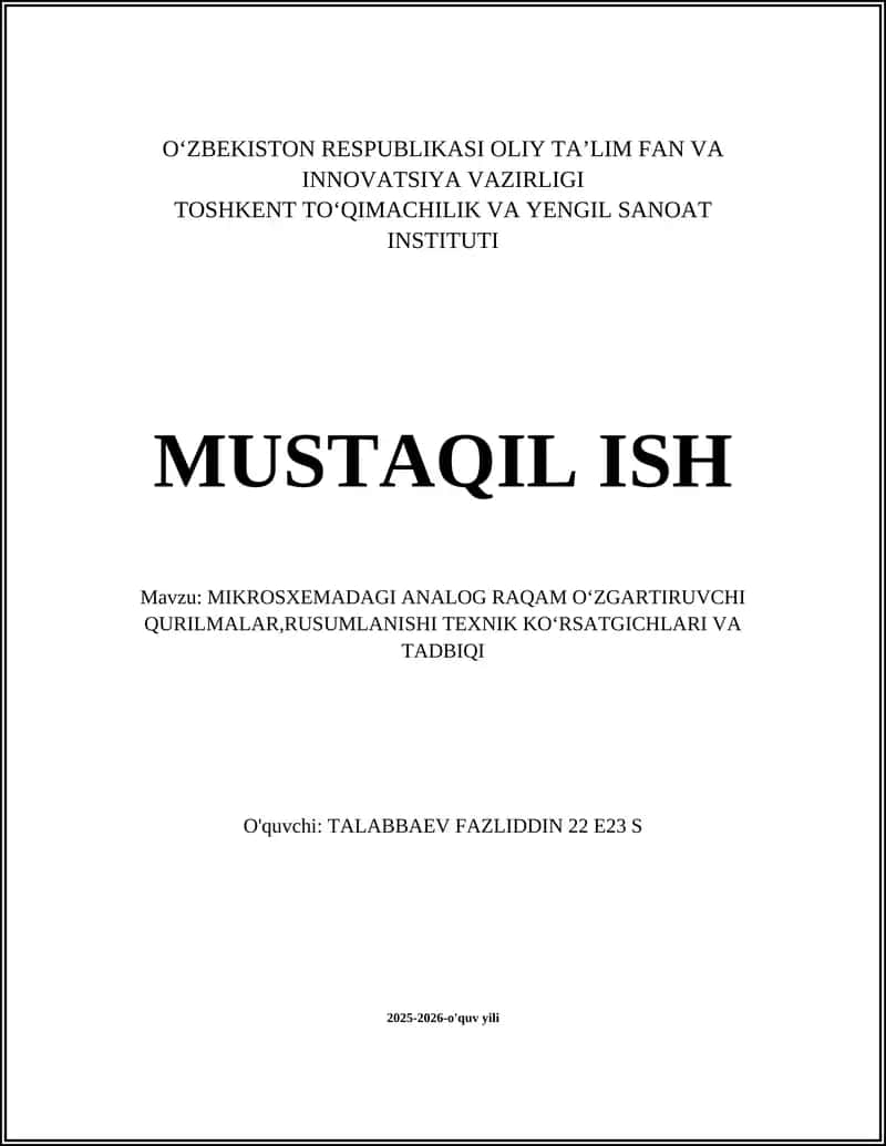 MIKROSXEMADAGI ANALOG RAQAM OʻZGARTIRUVCHI QURILMALAR
