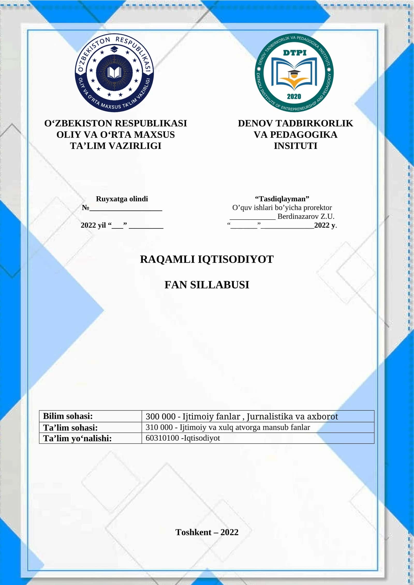RAQAMLI IQTISODIYOT FAN SILLABUSI