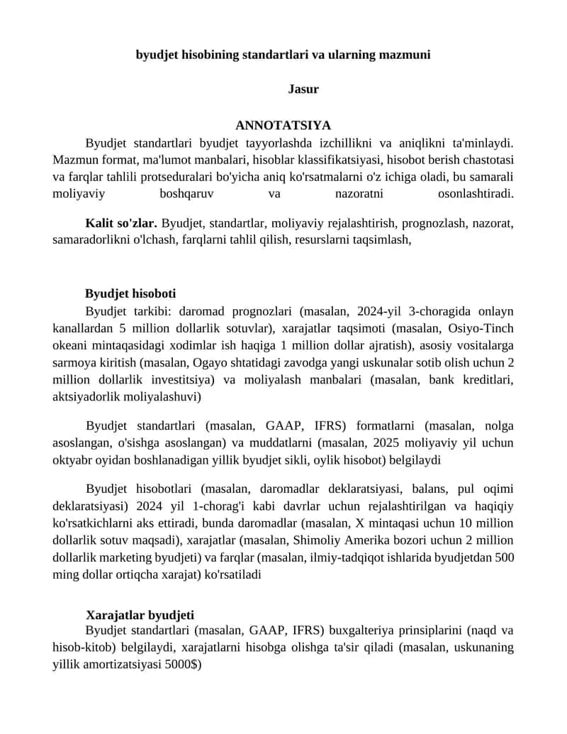 Byudjet hisobining standartlari va ularning mazmuni