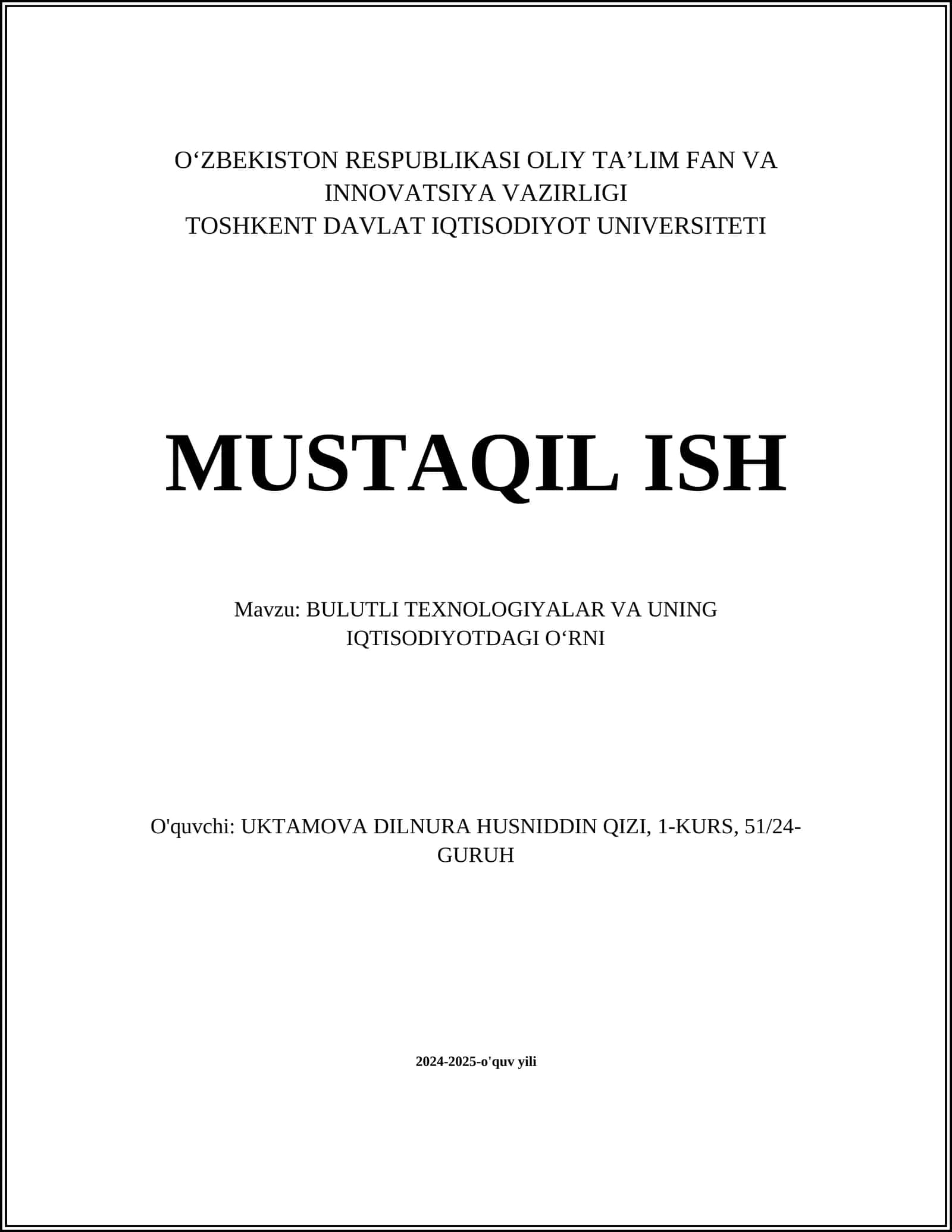 BULUTLI TEXNOLOGIYALAR VA UNING IQTISODIYOTDAGI OʻRNI