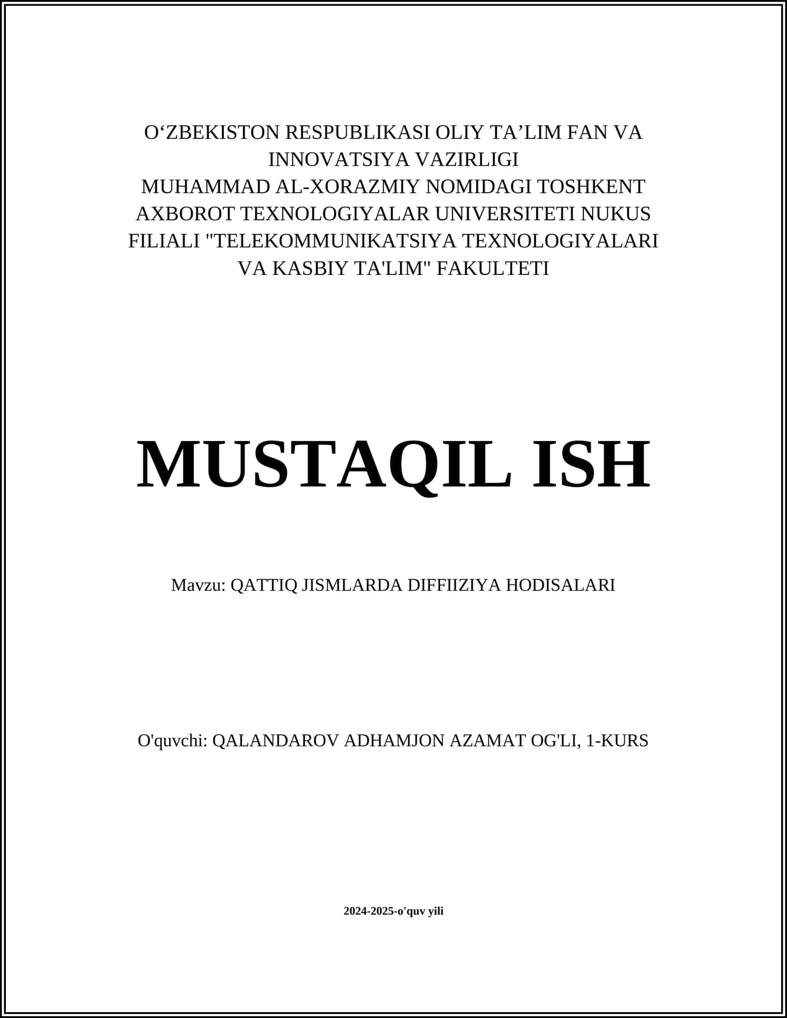 QATTIQ JISMLARDA DIFFIIZIYA HODISALARI
