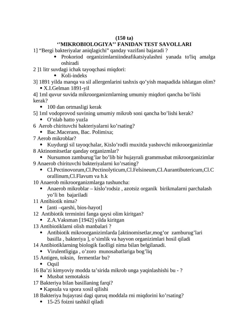 "MIKROBIOLOGIYA" FANIDAN TEST SAVOLLARI