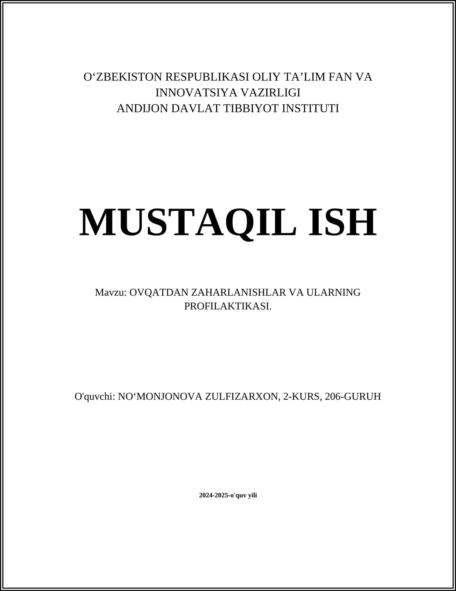 OVQATDAN ZAHARLANISHLAR VA ULARNING PROFILAKTIKASI