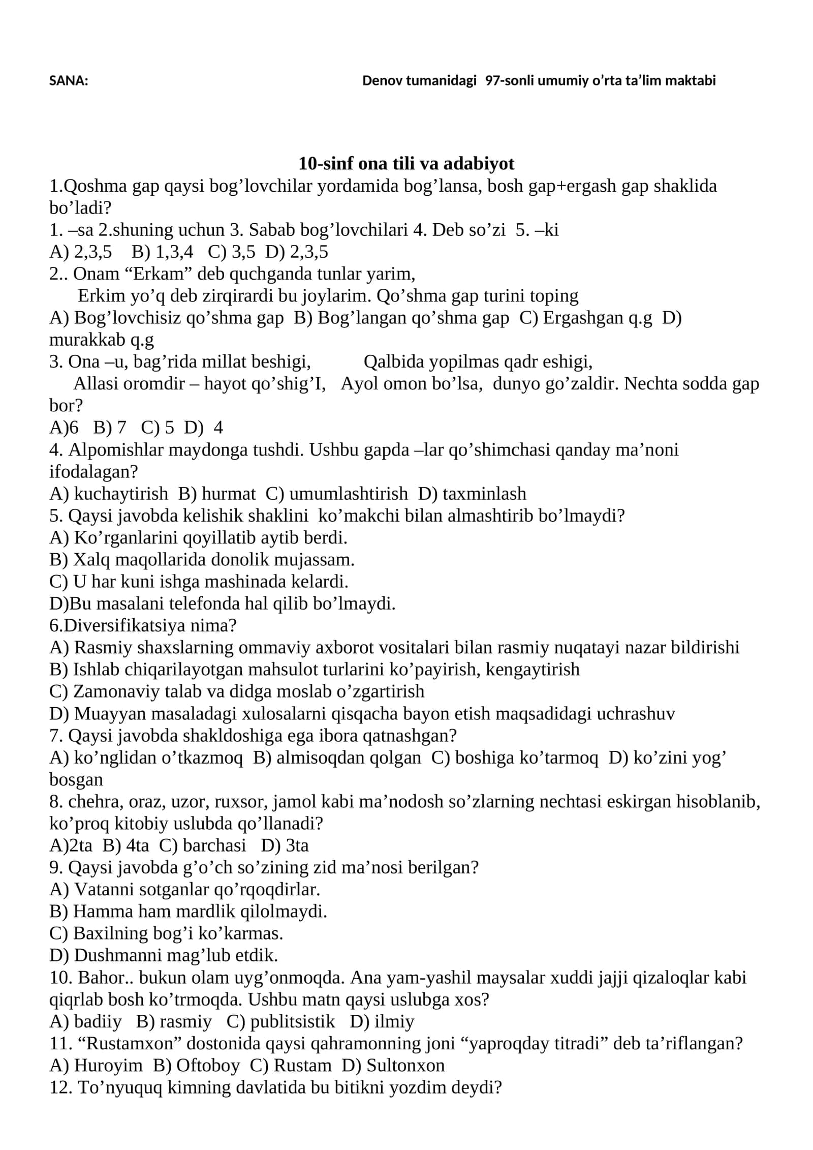 10-sinf ona tili va adabiyot