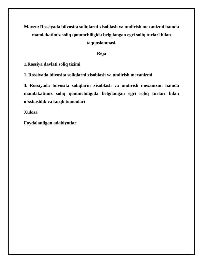 Rossiyada bilvosita soliqlarni xisoblash va undirish mexanizmi