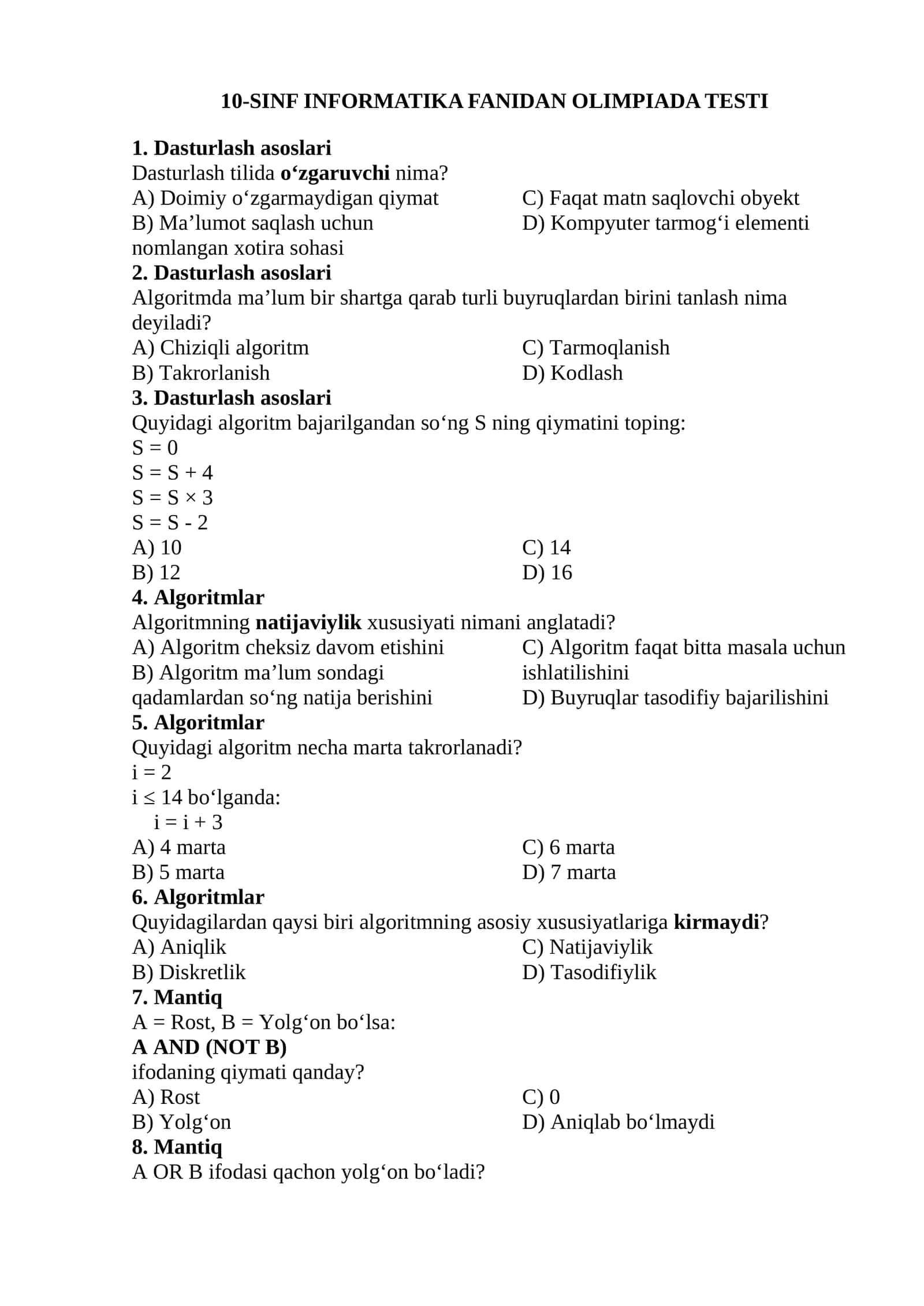 10-SINF INFORMATIKA FANIDAN OLIMPIADA TESTI