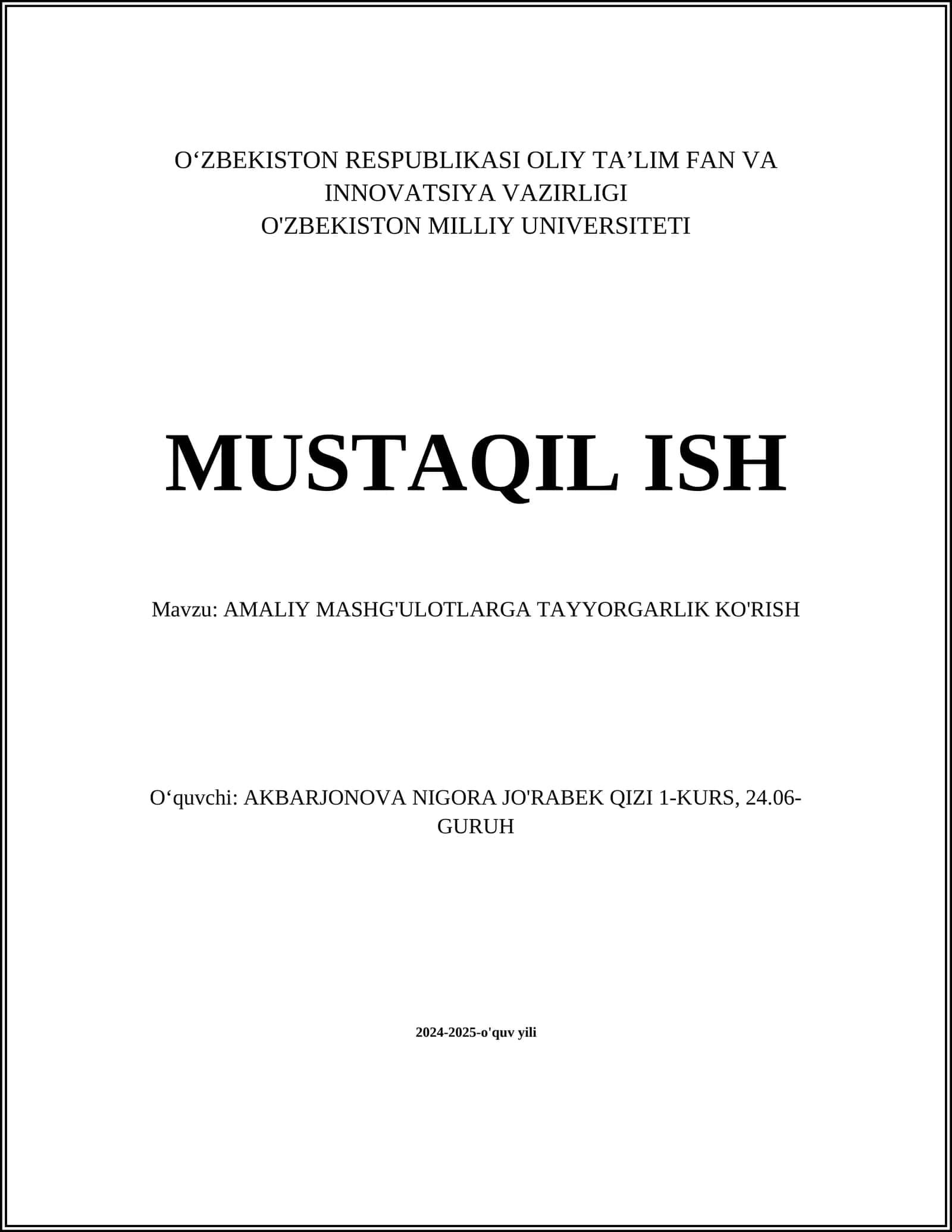 AMALIY MASHG'ULOTLARGA TAYYORGARLIK KO'RISH