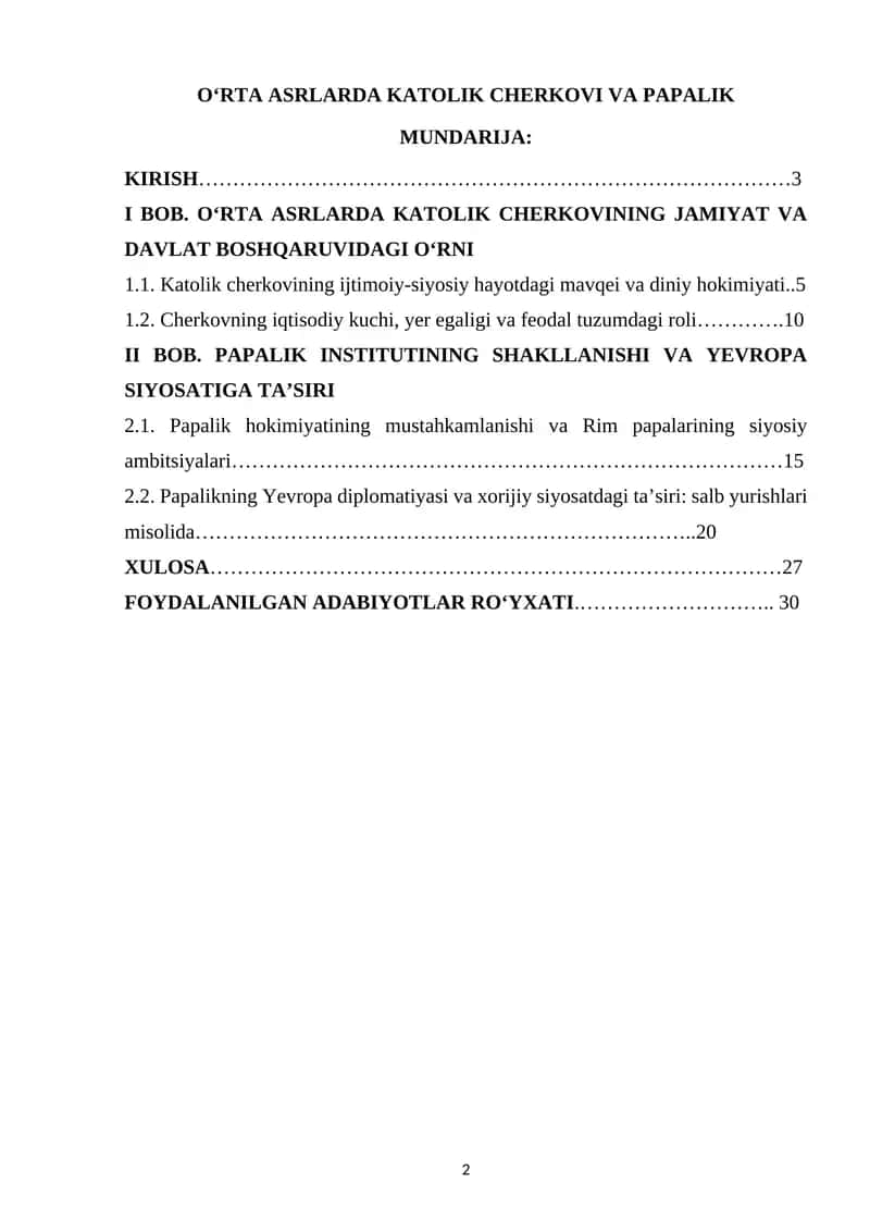 O‘RTA ASRLARDA KATOLIK CHERKOVI VA PAPALIK
