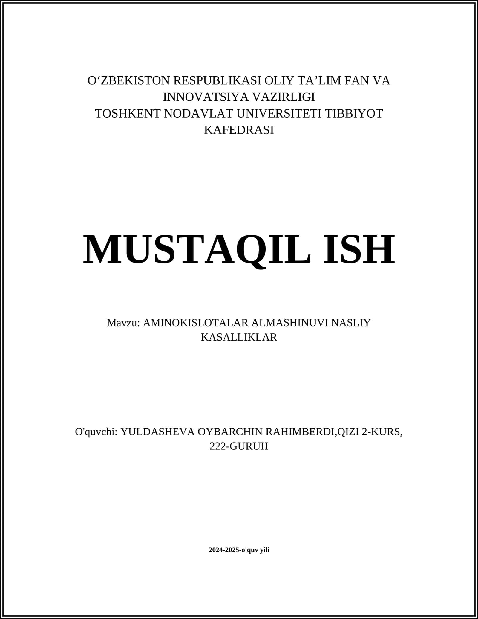 AMINOKISLOTALAR ALMASHINUVI NASLIY KASALLIKLAR