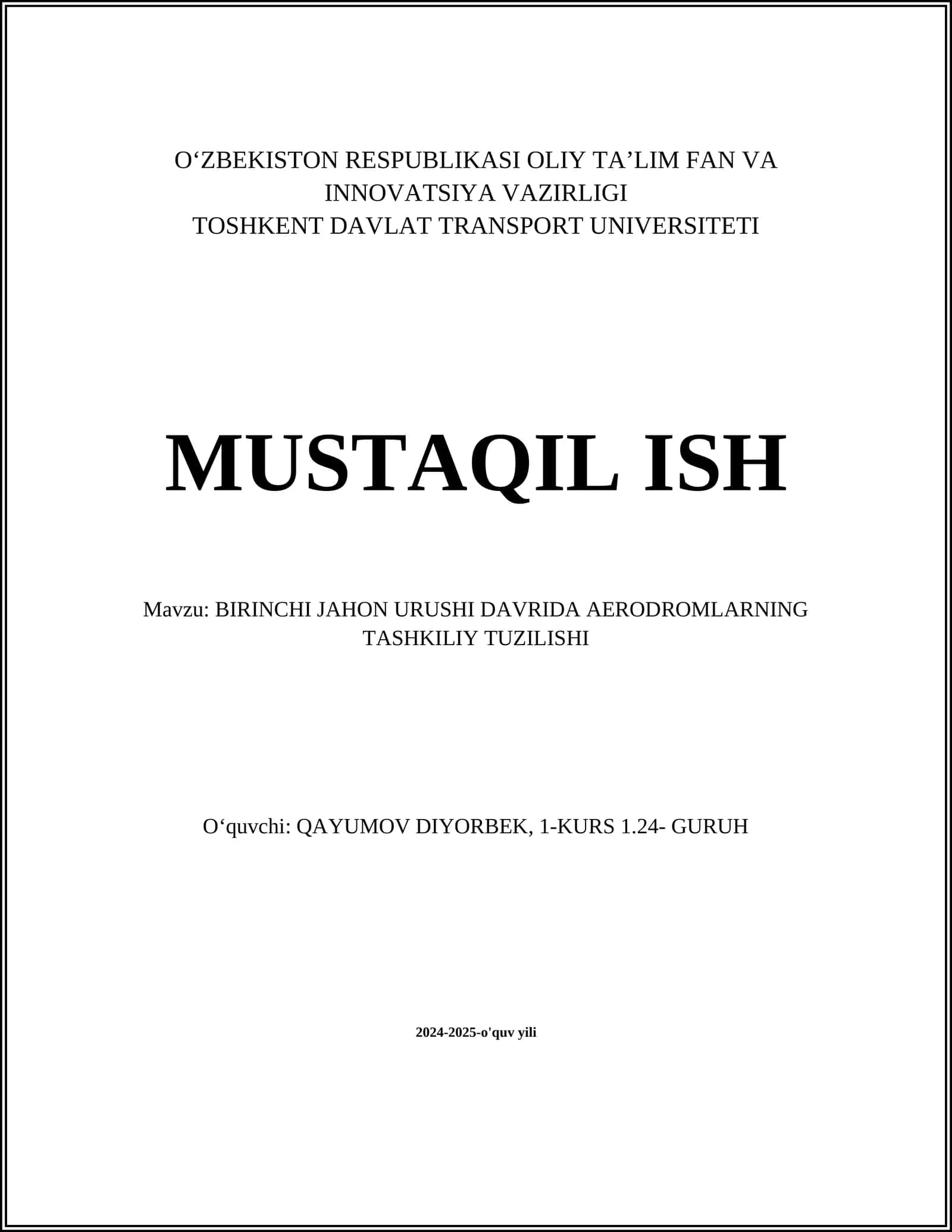 BIRINCHI JAHON URUSHI DAVRIDA AERODROMLARNING TASHKILIY TUZILISHI