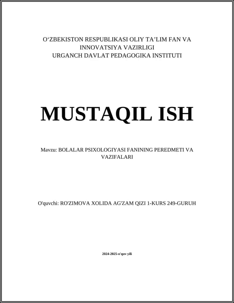 BOLALAR PSIXOLOGIYASI FANINING PEREDMETI VA VAZIFALARI