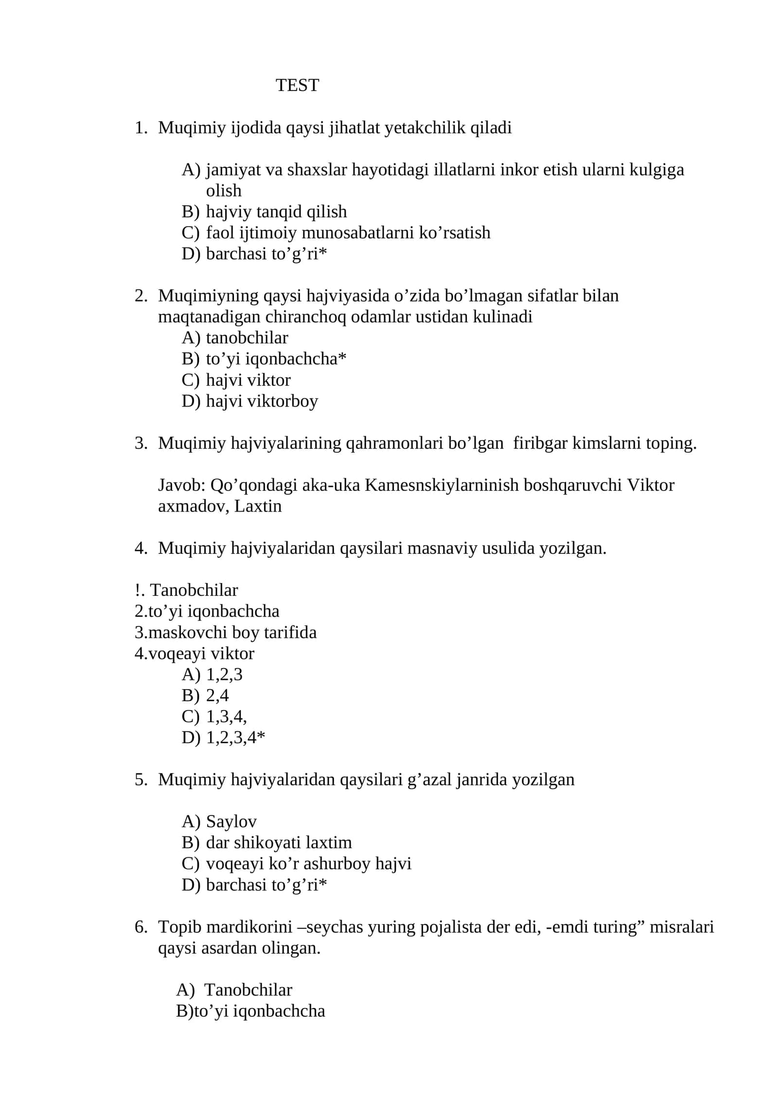 Muqimiya hanjviyalari (Test 1-6)