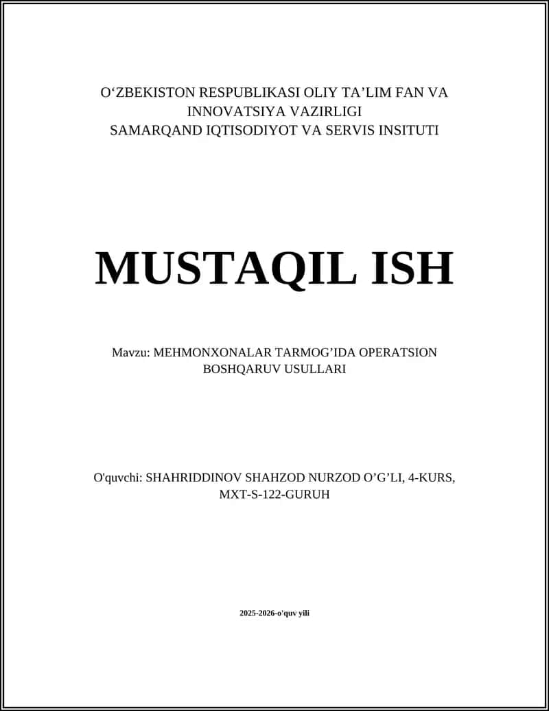 Mehmonxonalar tarmoqida operatsion boshqaruv usullari