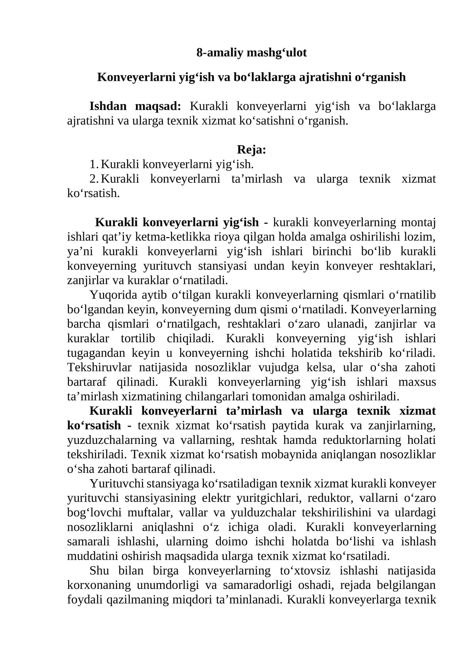 Konvеyеrlarni yig‘ish va bo‘laklarga ajratishni o‘rganish