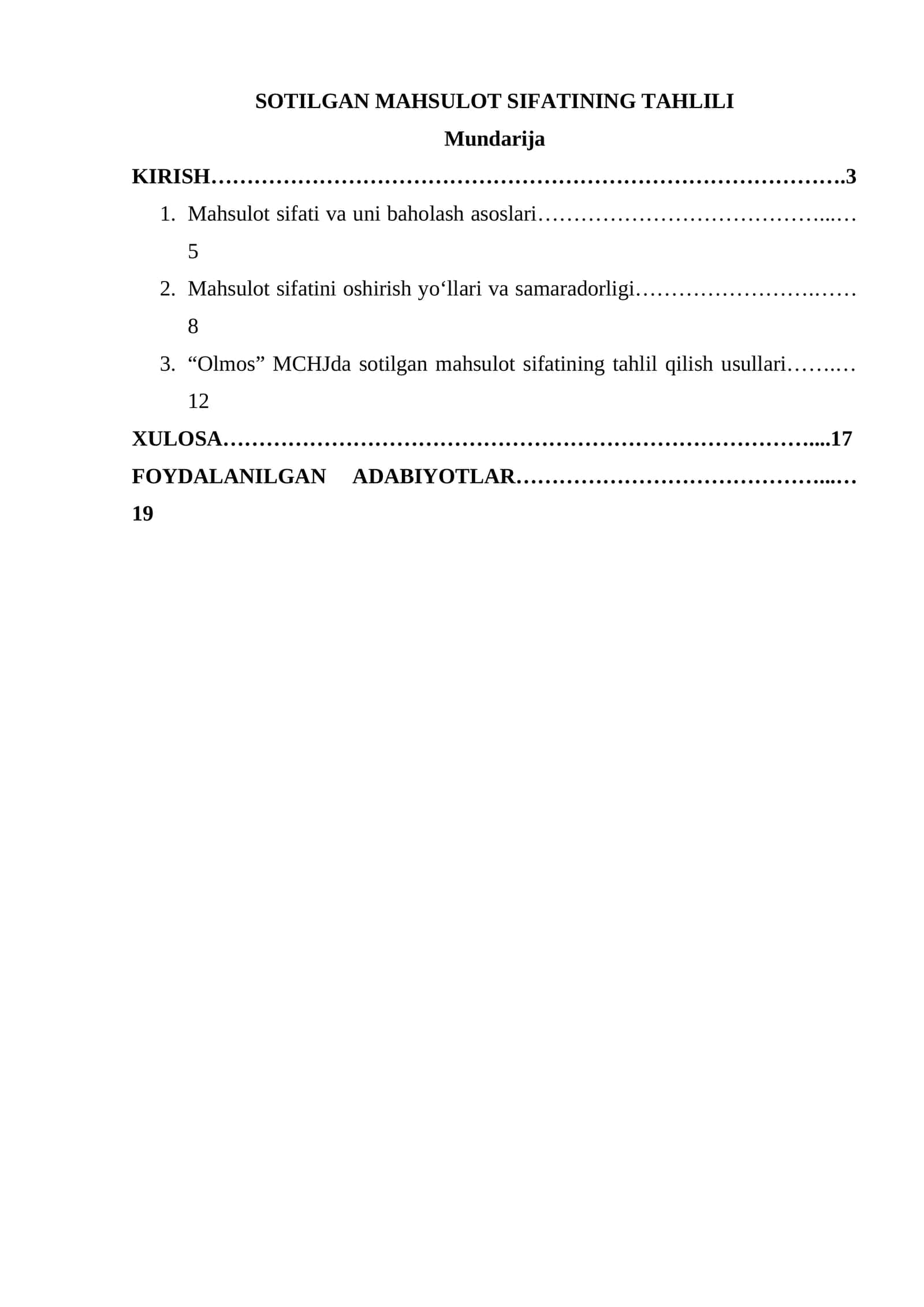 SOTILGAN MAHSULOT SIFATINING TAHLILI