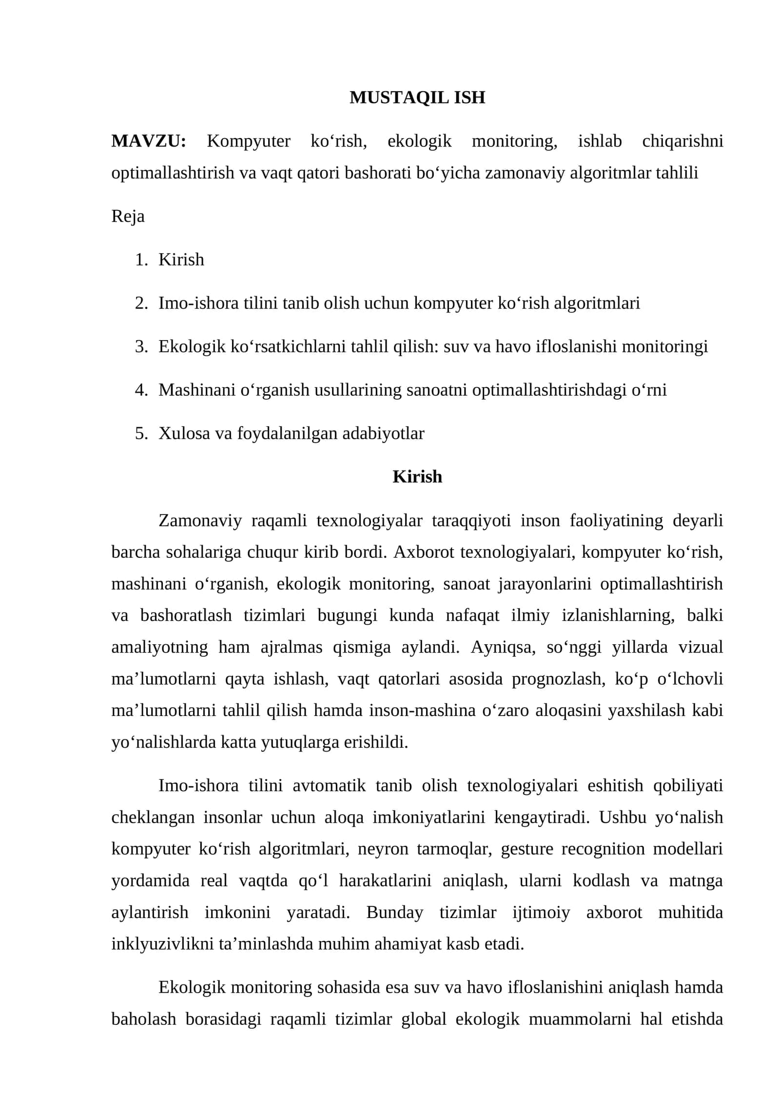 Kompyuter ko‘rish, ekologik monitoring, ishlab chiqarishni optimallashtirish va vaqt qatori bashorati bo‘yicha zamonaviy algoritmlar tahlili