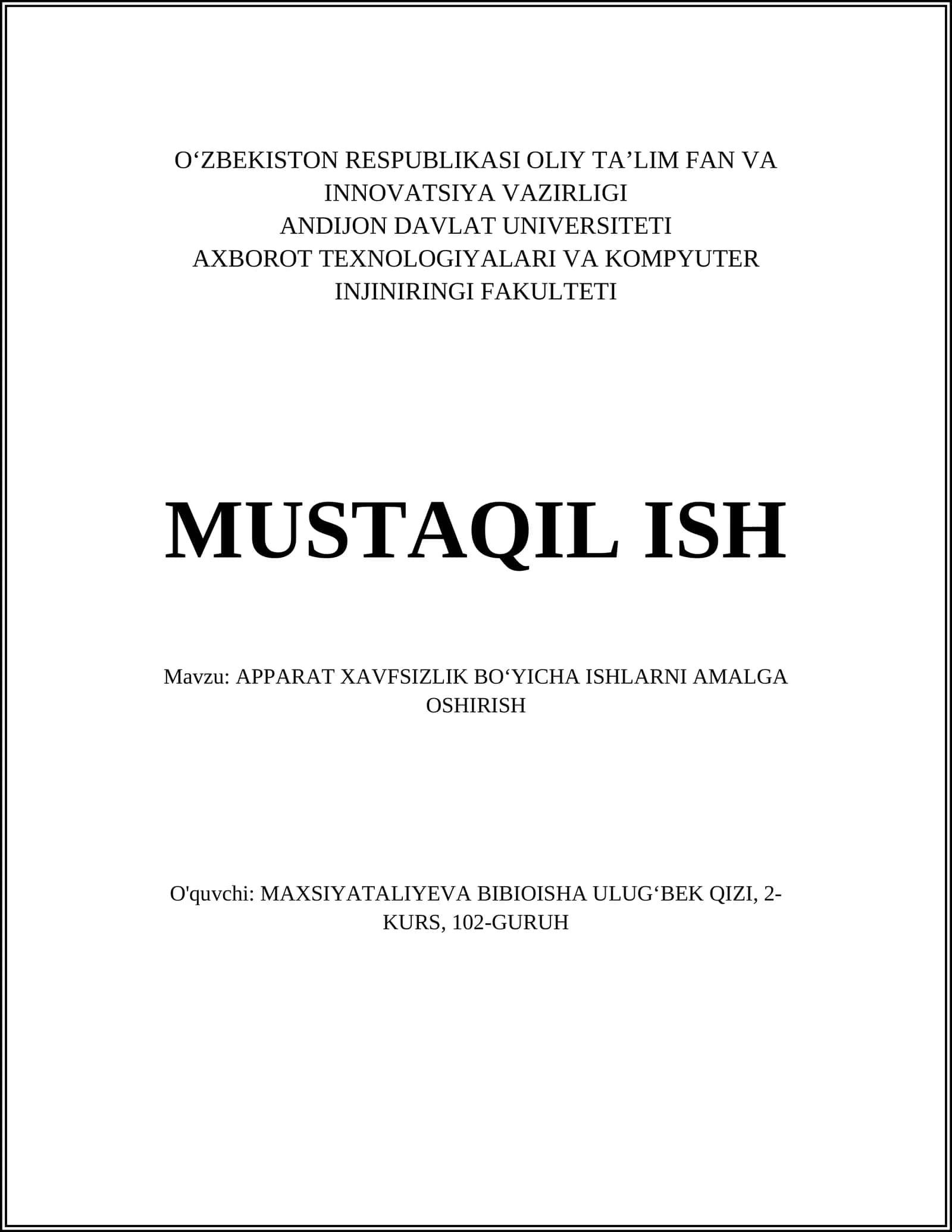 APPARAT XAVFSIZLIK BOʻYICHA ISHLARNI AMALGA OSHIRISH