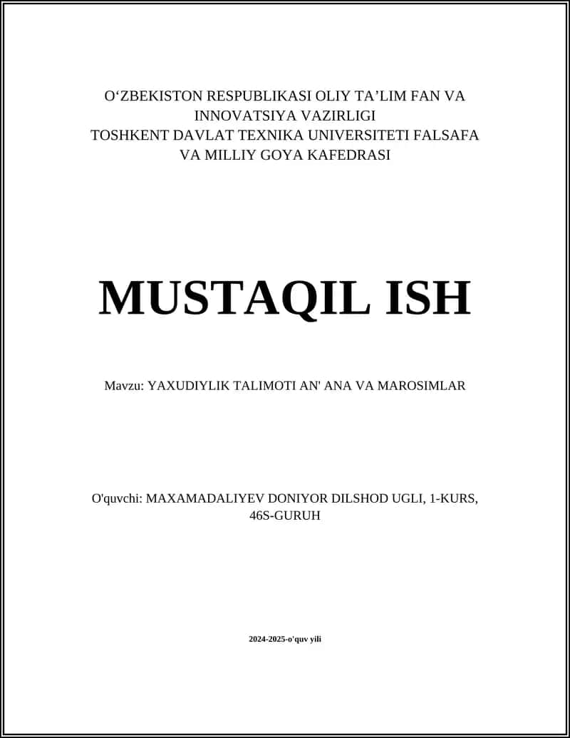 YAXUDIYLIK TALIMOTI AN' ANA VA MAROSIMLAR