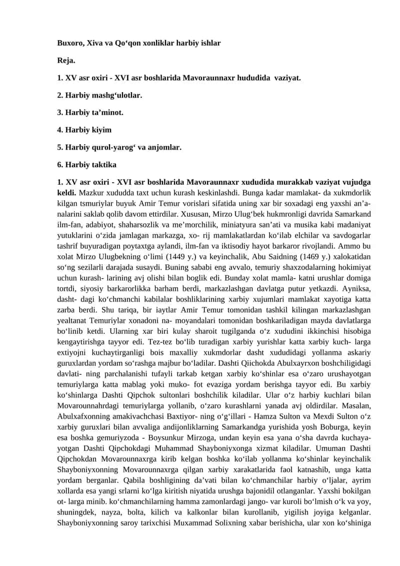 Buxoro, Xiva va Qoβqon xonliklar harbiy ishlar