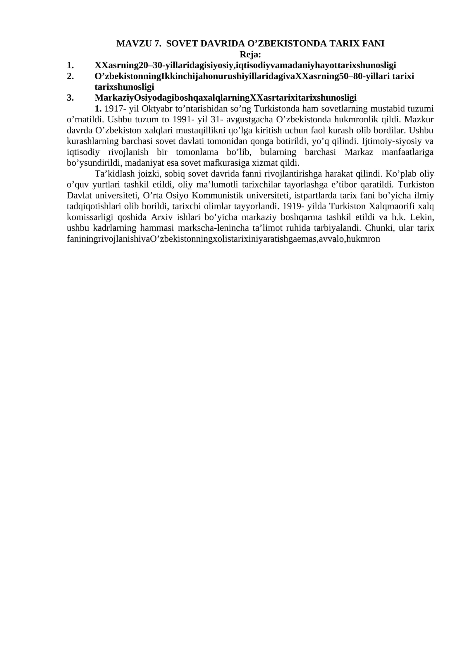 SOVET DAVRIDA O’ZBEKISTONDA TARIX FANI